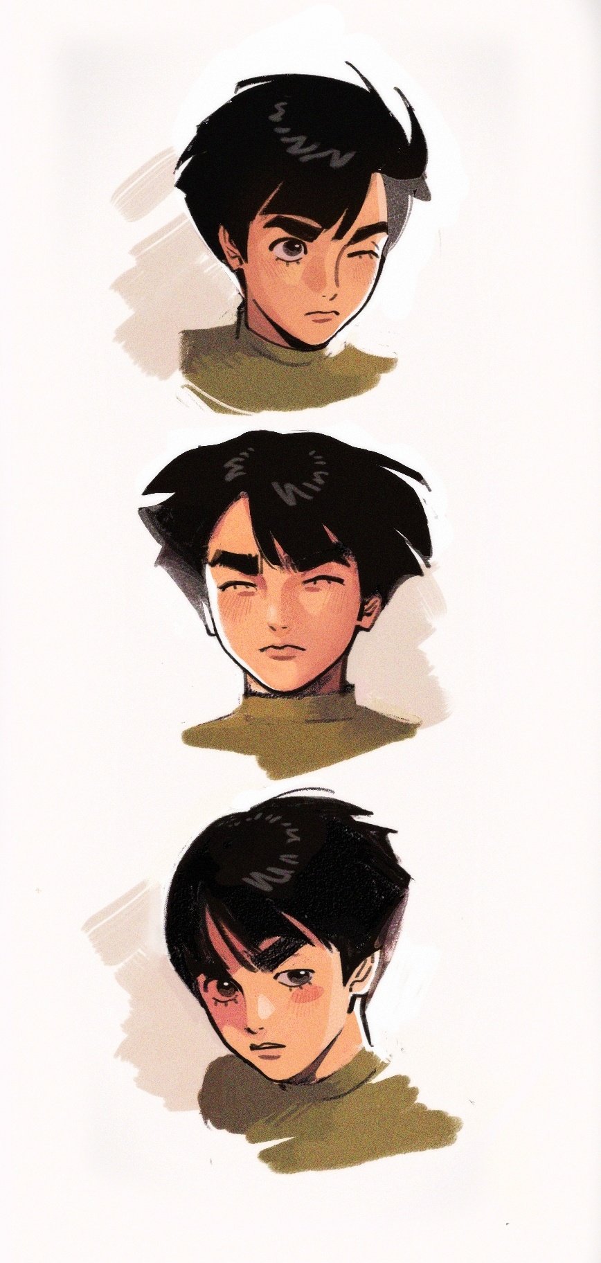 1boy, black_eyes, black_hair, closed_eyes, closed_mouth, commentary, cropped_shoulders, english_commentary, floating_hair, frown, green_shirt, highres, il1023il, looking_ahead, looking_to_the_side, lower_eyelashes_only, male_focus, multiple_views, naruto_(classic), naruto_(series), one_eye_closed, parted_lips, rock_lee, shirt, short_hair, sideways_glance, simple_background, thick_eyebrows, white_background, wind