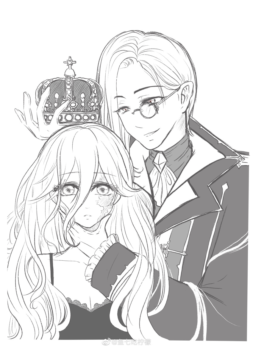 1boy, 1girl, absurdres, ascot, ashley_(shining_nikki), asymmetrical_hair, bare_shoulders, border