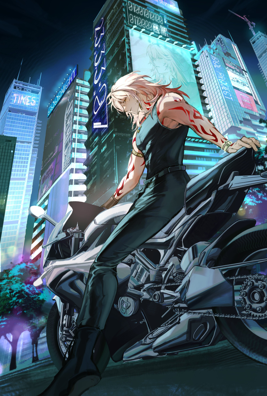 1boy, absurdres, alternate_costume, arm_tattoo, armlet, belt, black_belt, black_pants