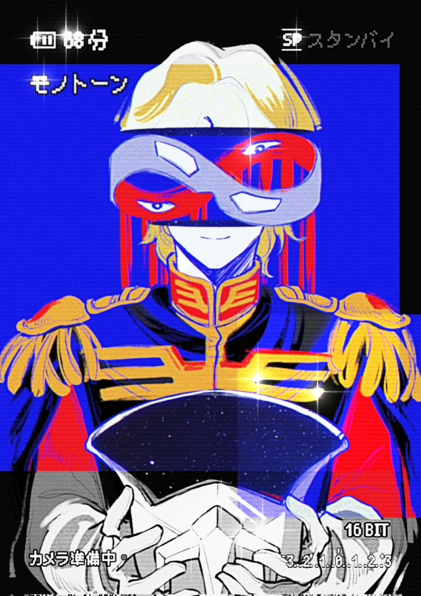 1boy, blonde_hair, char_aznable, commentary_request, epaulettes, facing_viewer, gloves, gquuuuuux