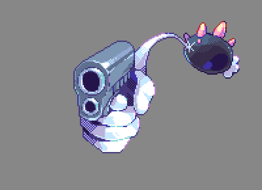 aiming, aiming_at_viewer, commentary, english_commentary, grey_background, gun, hand_pointing_a_gun_(meme), handgun, holding, holding_gun, holding_weapon, meme, no_humans, outstretched_arm, pink_eyes, pokemon, pokemon_(creature), pokemon_focus, pyukumuku, robin_(pixelated_robin), simple_background, spines, weapon