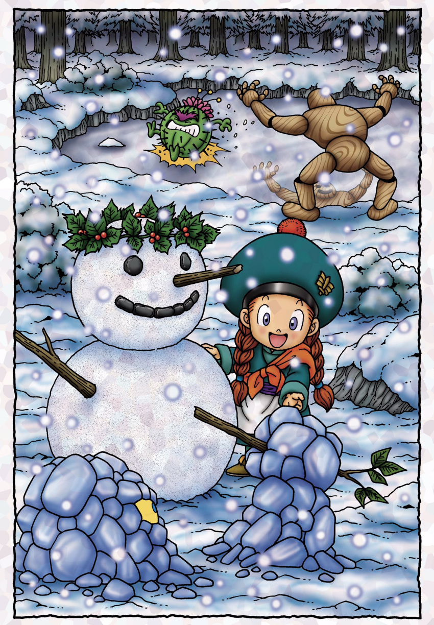 1girl, 3others, :d, aqua_hat, aqua_shirt, blue_eyes, border, braid