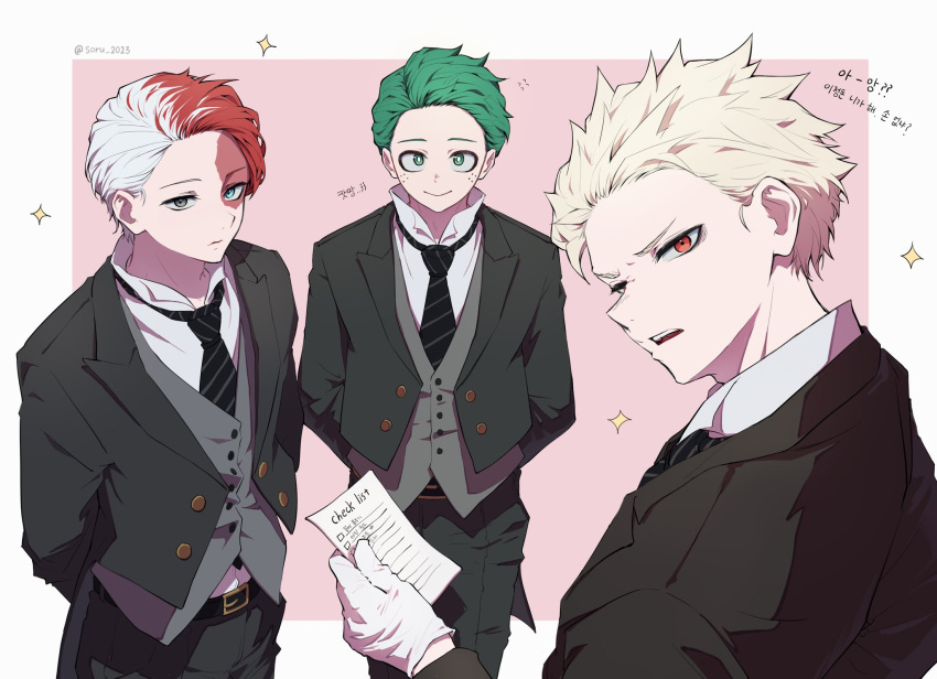 3boys, alternate_hairstyle, arm_behind_back, bakugou_katsuki, bishounen, black_eyes, black_necktie, black_pants