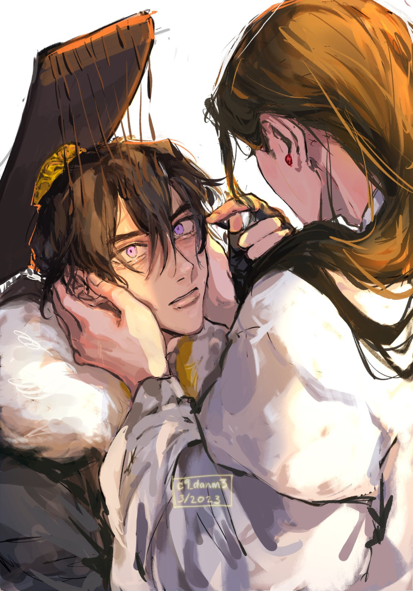 2boys, aeferjam, black_gloves, black_hair, black_hanfu, black_hat, brown_hair, chinese_clothes