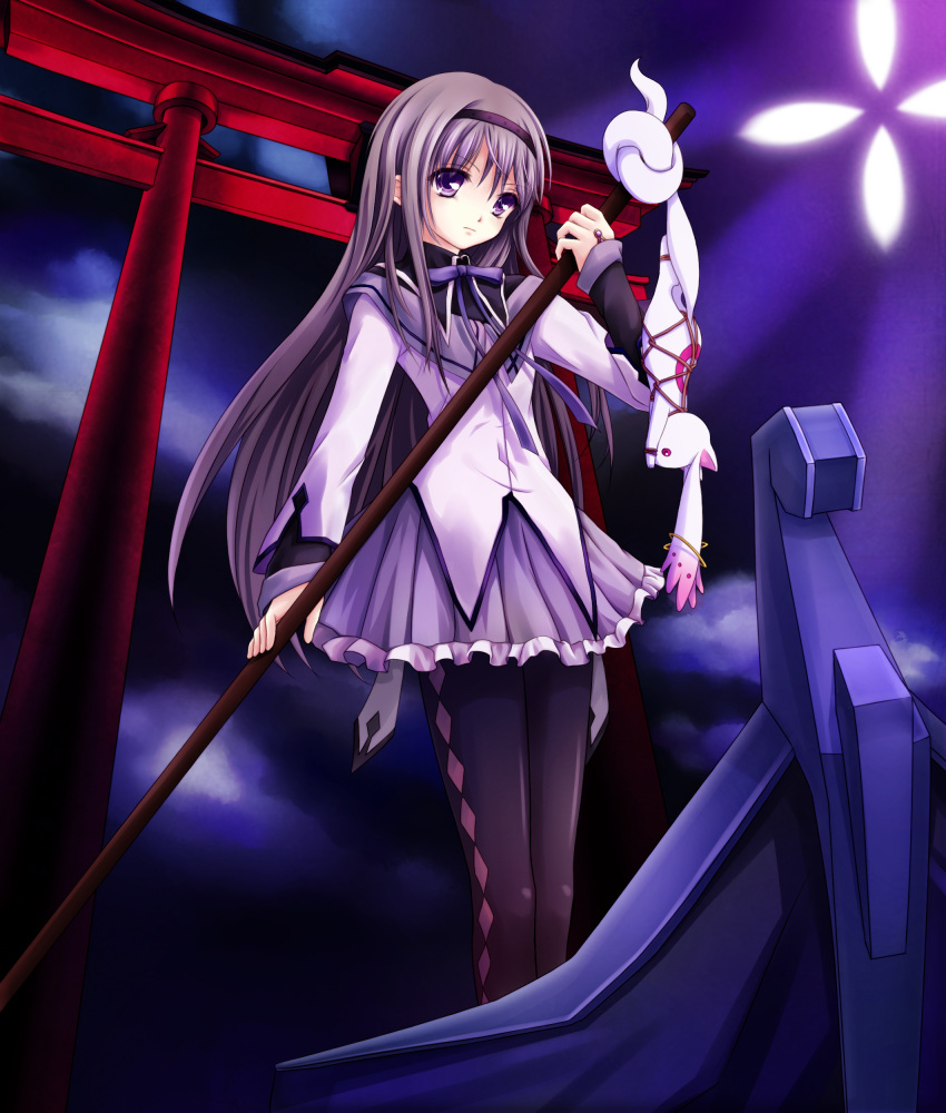 absurdres, akemi_homura, amber_(nickynike), bad_id, bdsm, boat, bondage, gohei, hairband, highres, jigoku_shoujo, kyubey, kyuubee, long_hair, magical_girl, mahou_shoujo_madoka_magica, night, pantyhose, parody, solo, torii