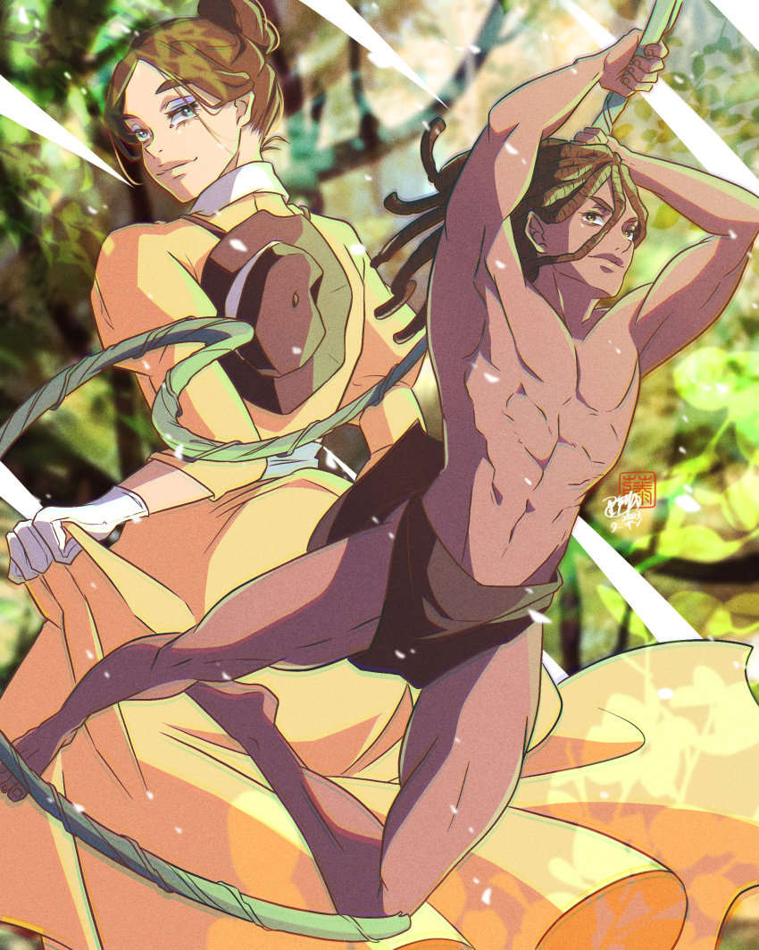 110isato, 2023, absurdres, barefoot, brown_hair, couple, disney, dreadlocks