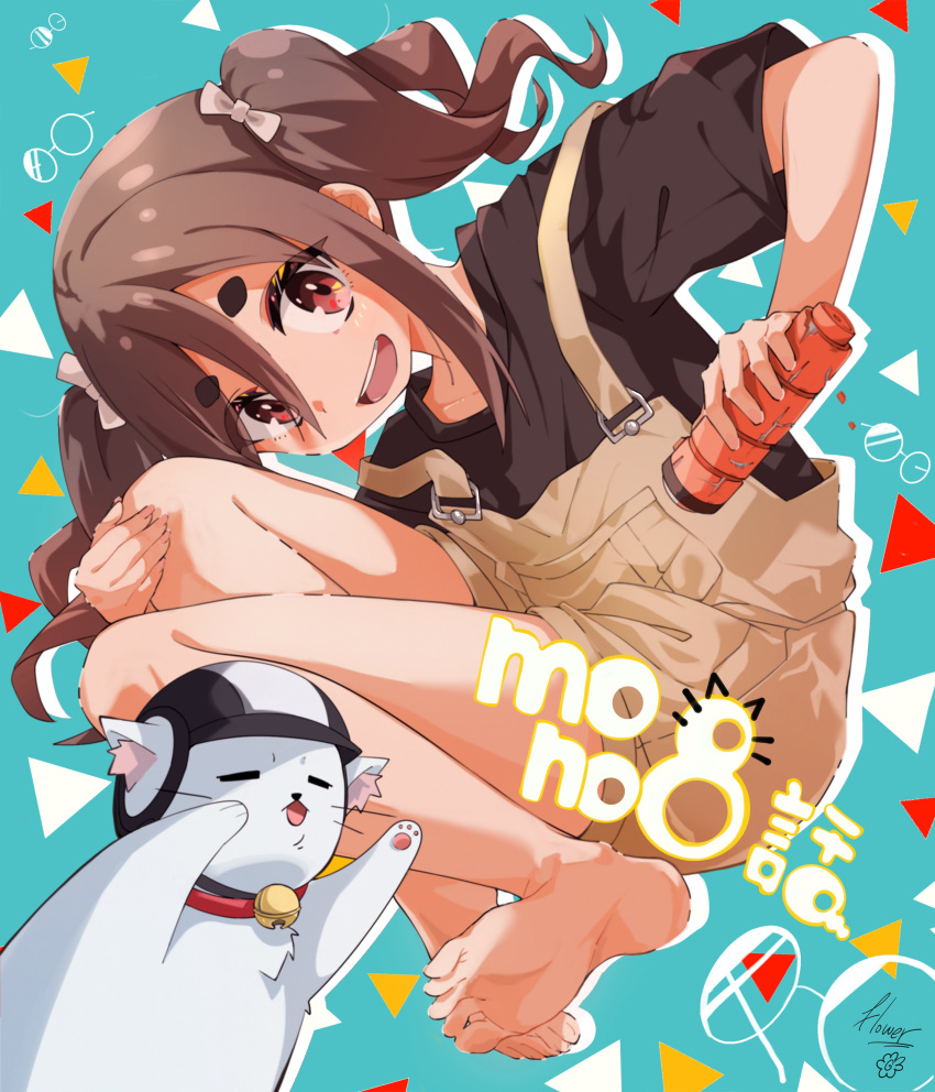 1girl, absurdres, animal, animal_hands, aqua_background, avarangers, barefoot, bell