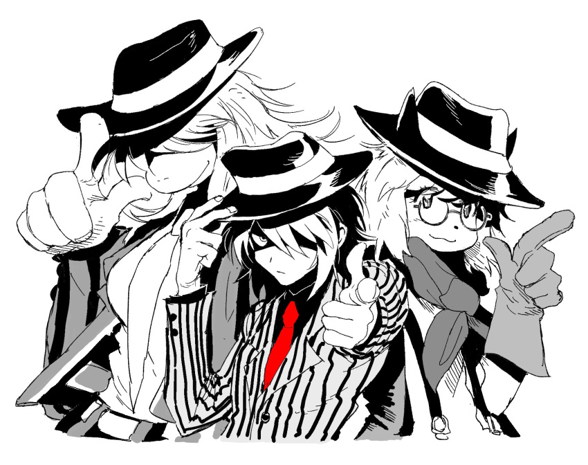 1boy, 1girl, 1other, bandage_player, breasts, closed_mouth, commentary_request, cowboy_hat