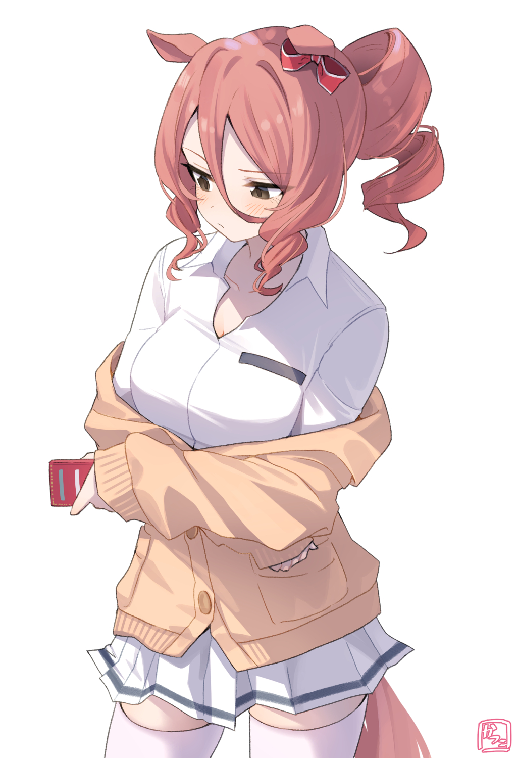 1girl, animal_ears, artist_name, averting_eyes, blush, bow, cardigan, cellphone