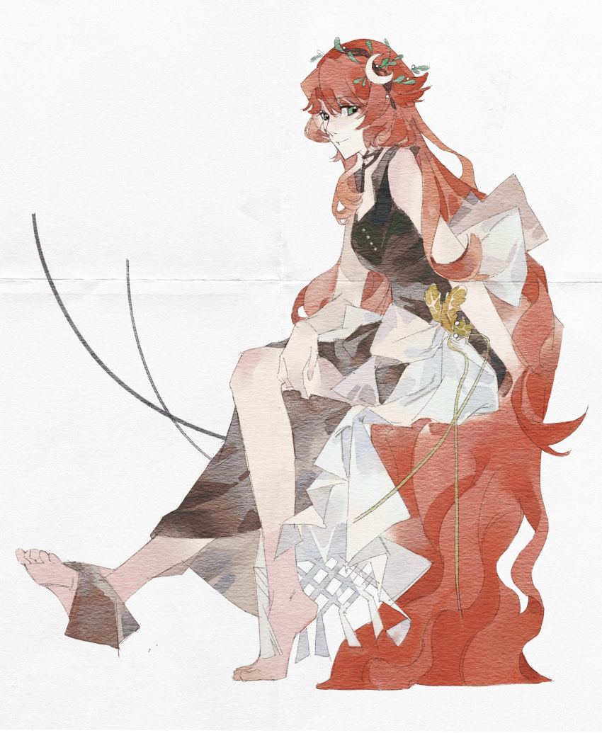 1girl, absurdres, bare_arms, bare_legs, barefoot, black_dress, crescent, crescent_hair_ornament