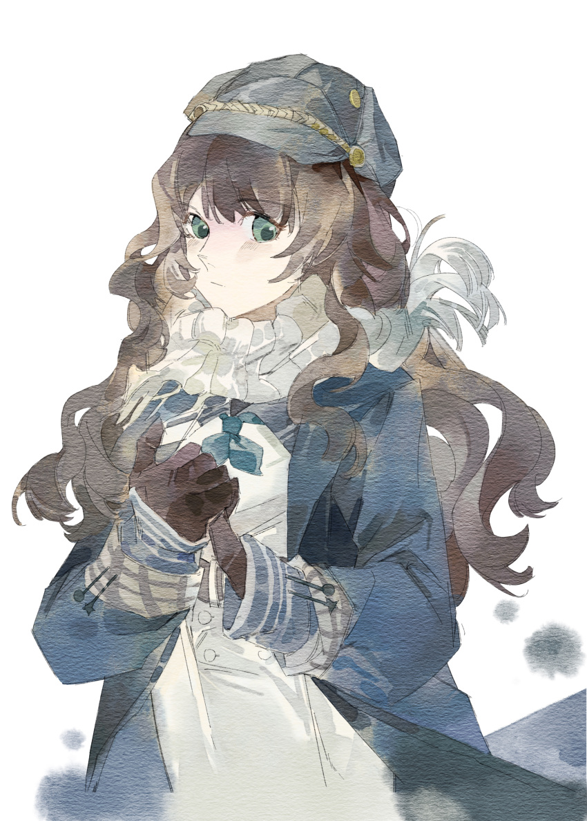 1girl, absurdres, blue_coat, blue_eyes, blue_neckerchief, brown_gloves, brown_hair, closed_mouth