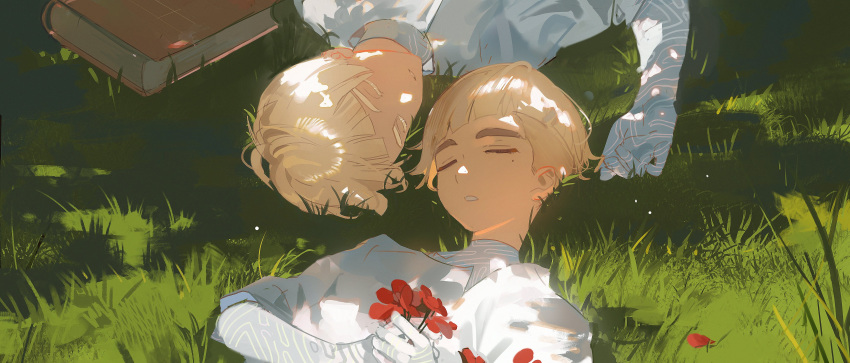 2boys, absurdres, aged_down, asymmetrical_hair, blonde_hair, blunt_bangs, bodysuit, book