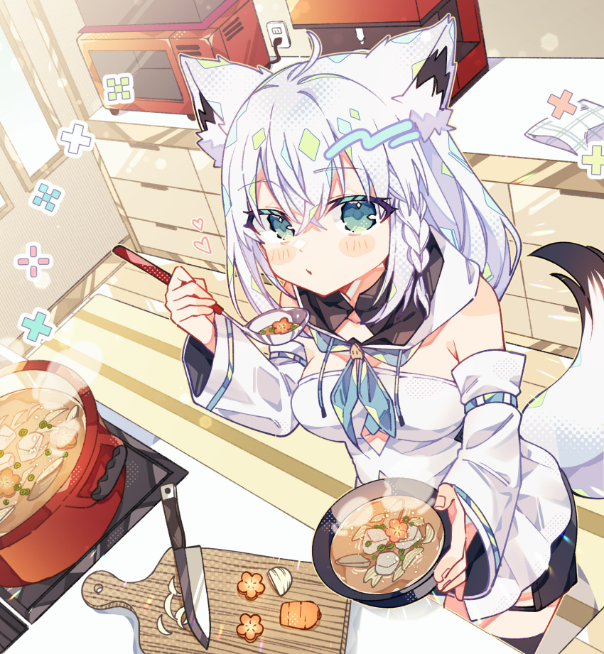 1girl, animal_ears, aqua_eyes, blue_neckerchief, bowl, carrot, cooking_pot, cutting_board, detached_sleeves, fox_ears, fox_girl, fox_tail, highres, holding, holding_bowl, holding_ladle, hololive, hood, hoodie, kitchen, knife, ladle, looking_at_viewer, medium_hair, microwave, neckerchief, notamaru_2, onion, shirakami_fubuki, shirakami_fubuki_(1st_costume), solo, tail, virtual_youtuber, white_hair, white_hoodie, white_sleeves