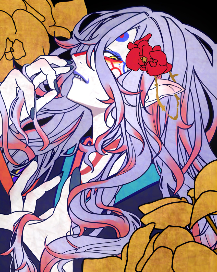 1boy, androgynous, arm_up, black_background, black_nails, commentary, facepaint, fang