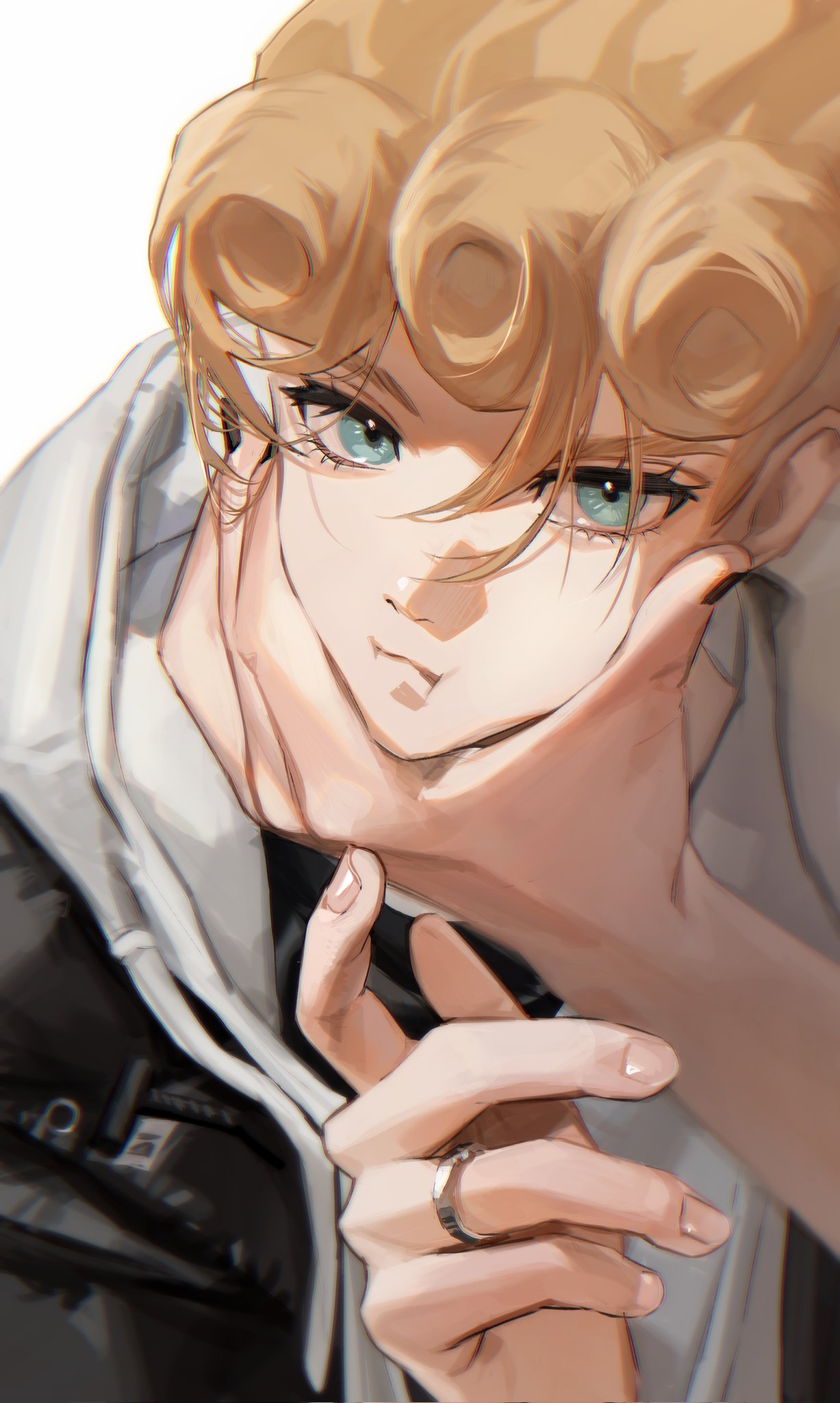 black_nails, blonde_hair, cheek_squash, closed_mouth, commentary, fingernails, giorno_giovanna, highres