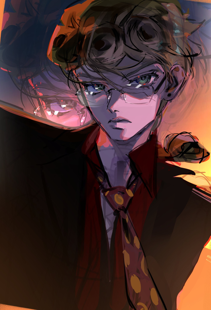 1boy, absurdres, blonde_hair, closed_mouth, collared_shirt, earrings, giorno_giovanna, green_eyes