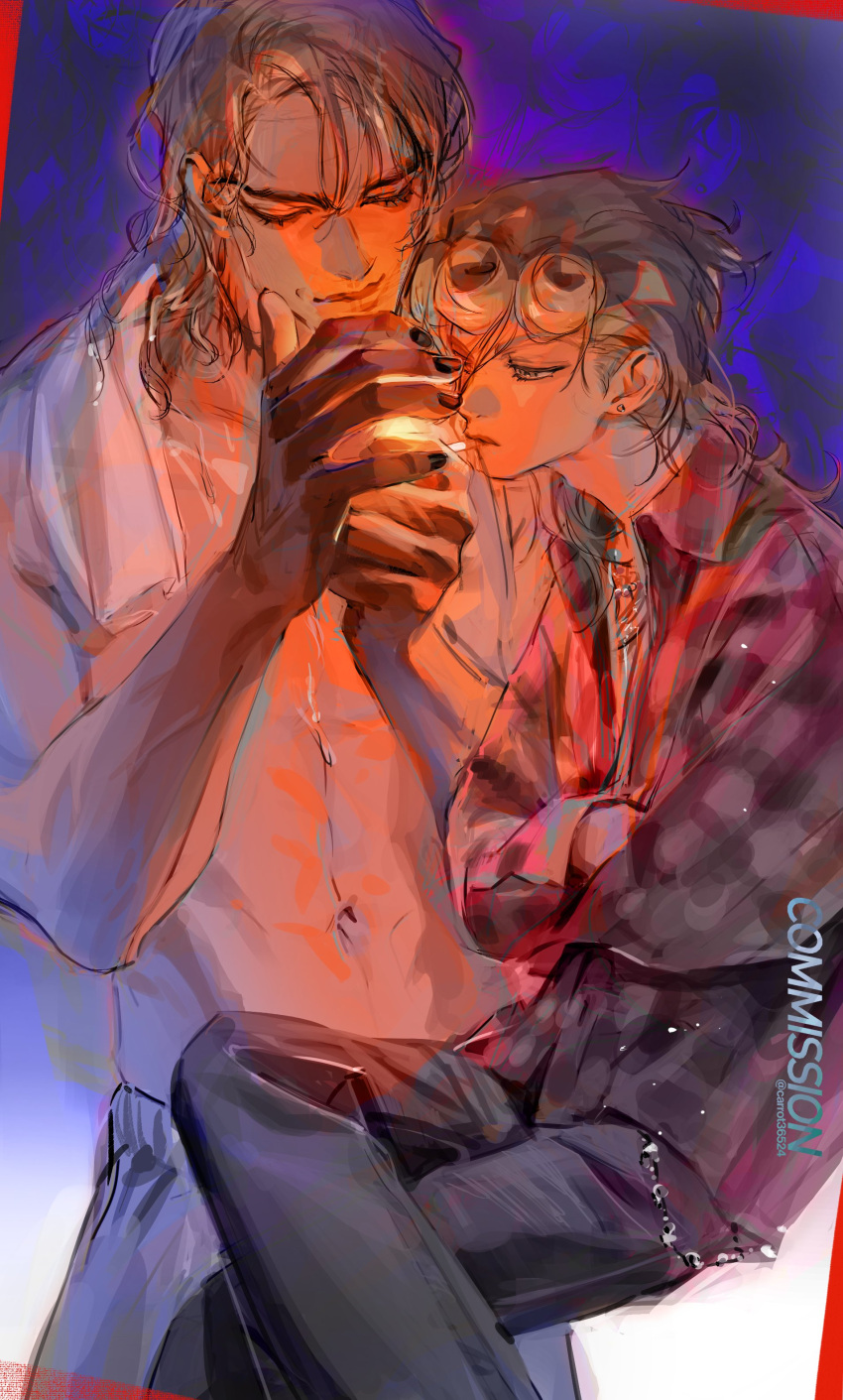 2boys, absurdres, black_nails, blonde_hair, closed_mouth, dio_brando, earrings, father_and_son