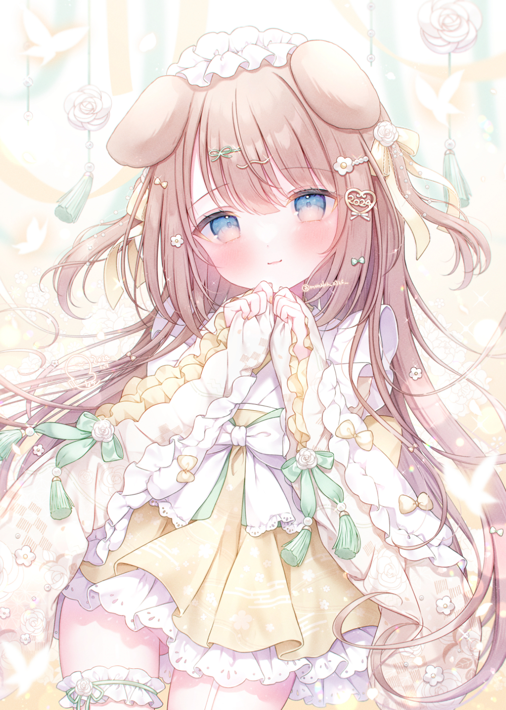 1girl, 2024, animal_ears, blue_eyes, blush, bow, bow_skirt, brown_hair