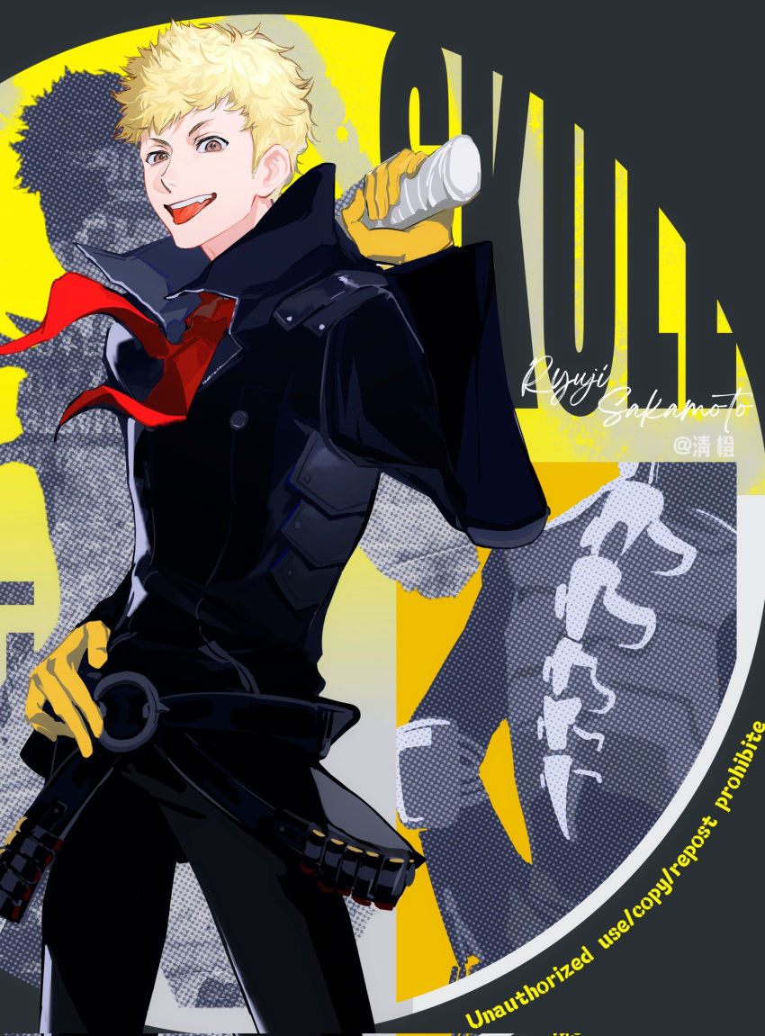 1boy, belt, black_pants, black_shirt, blonde_hair, brown_eyes, character_name, chinese_commentary