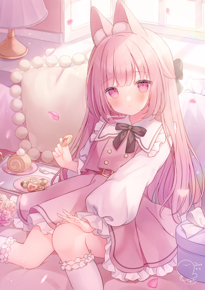 1girl, animal_ear_fluff, animal_ears, belt, belt_buckle, black_bow, black_bowtie, blush, bow, bowtie, box, bubble_skirt, buckle, buttons, candy, chocolate, cinnamon_roll, closed_mouth, commentary_request, croissant, dated, double-breasted, falling_petals, feet_out_of_frame, flower, food, fork, frilled_pillow, frilled_skirt, frilled_socks, frills, gift, gift_box, hair_bow, hand_on_own_knee, heart, heart-shaped_chocolate, heart-shaped_food, highres, holding, holding_food, indoors, knee_up, kneehighs, lamp, lampshade, light_particles, long_hair, long_sleeves, looking_at_viewer, omochi_monaka, on_bed, original, petals, pillow, pink_belt, pink_eyes, pink_flower, pink_hair, pink_petals, pink_rose, pink_skirt, pink_vest, plate, puffy_long_sleeves, puffy_sleeves, rabbit_ears, rabbit_girl, rose, saucer, shirt, sidelocks, signature, single_sleeve_past_wrist, sitting, skirt, sleeve_rolled_up, socks, solo, sunlight, sweets, tray, twitter_username, very_long_hair, vest, white_bow, white_shirt, white_socks, window, window_shadow