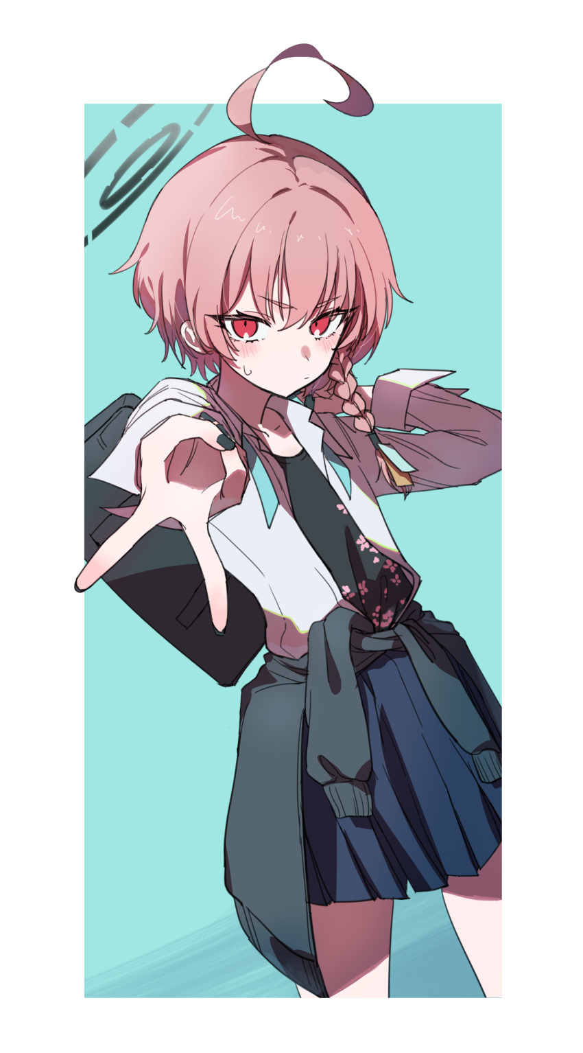 1girl, absurdres, ahoge, bag, black_cardigan, black_skirt, black_undershirt, blue_archive