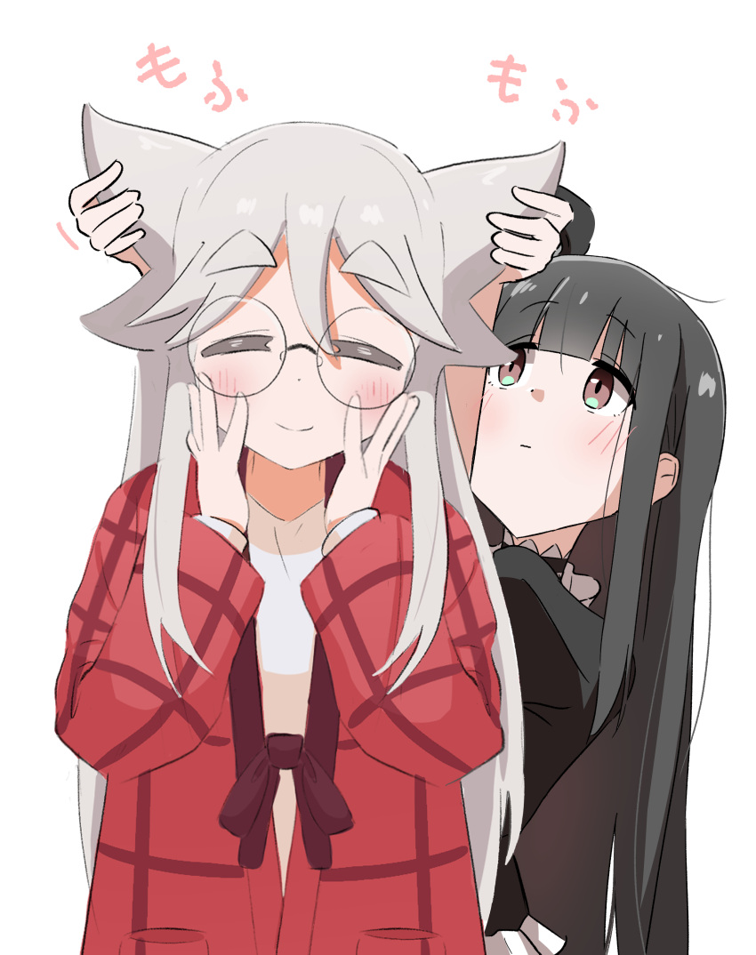 2girls, absurdres, akiyama_haruno, artist_collaboration, black_dress, black_hair, blush, brown_eyes, commentary, dankybum, dot_nose, dress, english_commentary, glasses, grey_hair, grid, hair_flaps, hand_in_another's_hair, hands_on_own_cheeks, hands_on_own_face, hands_up, hanten_(clothes), highres, hime_cut, kurokuma_torayo, long_hair, ltv1119, mono_(afro), multiple_girls, playing_with_another's_hair, red_robe, robe, round_eyewear, shirt, smile, thick_eyebrows, translated, upper_body, white_background, white_shirt