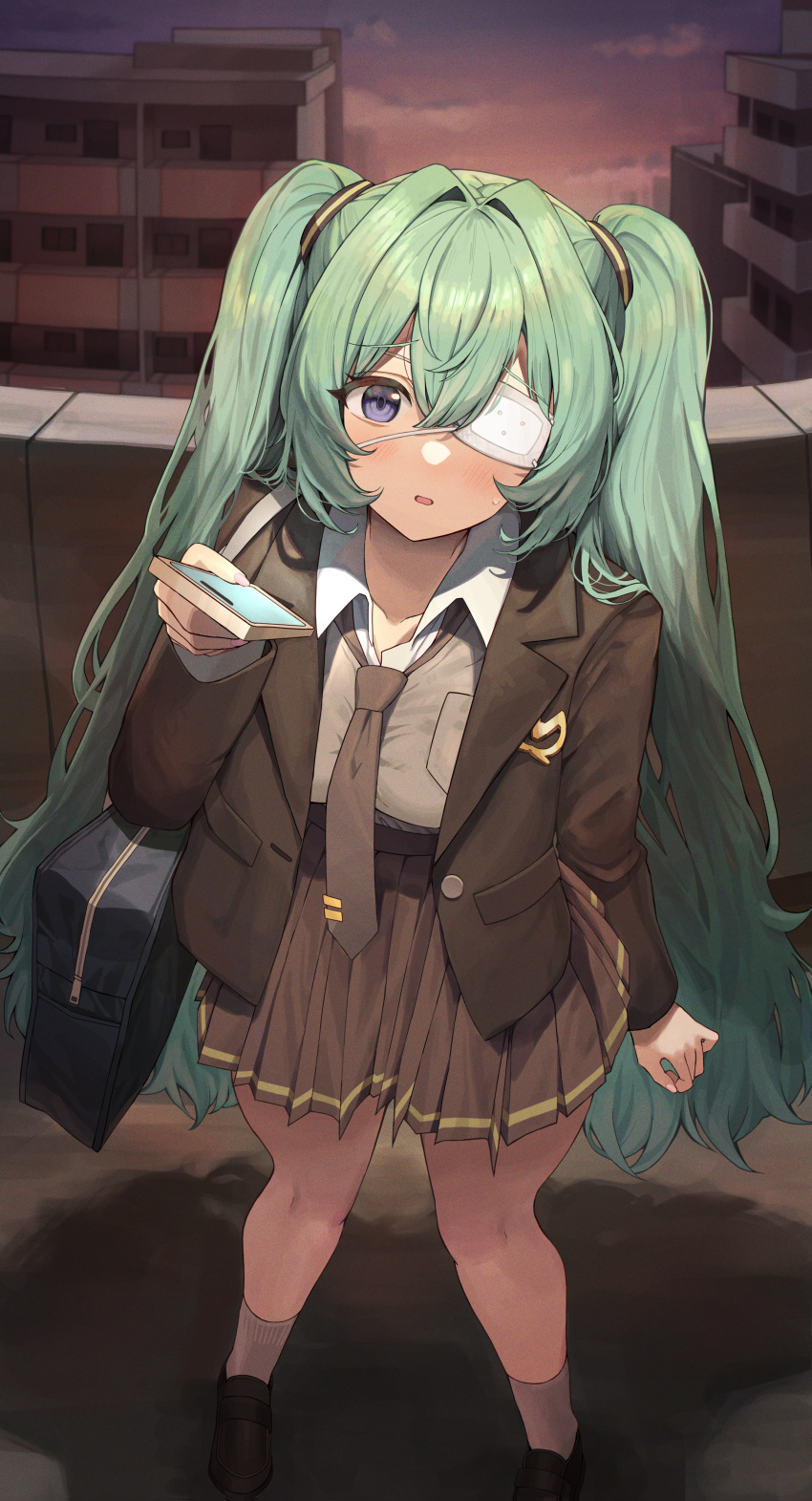 1girl, absurdres, aqua_hair, bag, blue_bag, blush, breasts, brown_jacket, brown_necktie, brown_shoes, brown_skirt, building, cellphone, clouds, collared_shirt, eyepatch, furrowed_brow, hair_between_eyes, hair_intakes, hand_up, hatsune_miku, highres, holding, holding_phone, jacket, khan_0204, loafers, long_hair, long_sleeves, looking_at_viewer, medical_eyepatch, medium_breasts, monitoring_(vocaloid), nail_polish, necktie, outdoors, phone, pink_nails, pleated_skirt, rooftop, shirt, shirt_tucked_in, shoes, shoulder_bag, sidelocks, skirt, sky, smartphone, socks, solo, standing, sunset, sweatdrop, twintails, very_long_hair, violet_eyes, vocaloid, white_shirt, white_socks, wing_collar, yellow_trim