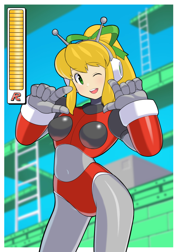 antennae, armor, armored_gloves, arms_up, bikini_armor, blonde_hair, blue_eyes, breasts, green_ribbon, hair_ribbon, hairband, headphones, health_bar, hyper_roll_(marvel_vs._capcom), hypericum_(mppv1862), joints, large_breasts, light_blush, long_hair, looking_at_viewer, marvel_vs._capcom, mechanical_arms, mechanical_legs, mega_man_(classic), mega_man_(series), one_eye_closed, ponytail, radio_antenna, red_armor, ribbon, robot, robot_girl, robot_joints, roll_(mega_man), shoulder_armor, sidelocks, smile, video_game