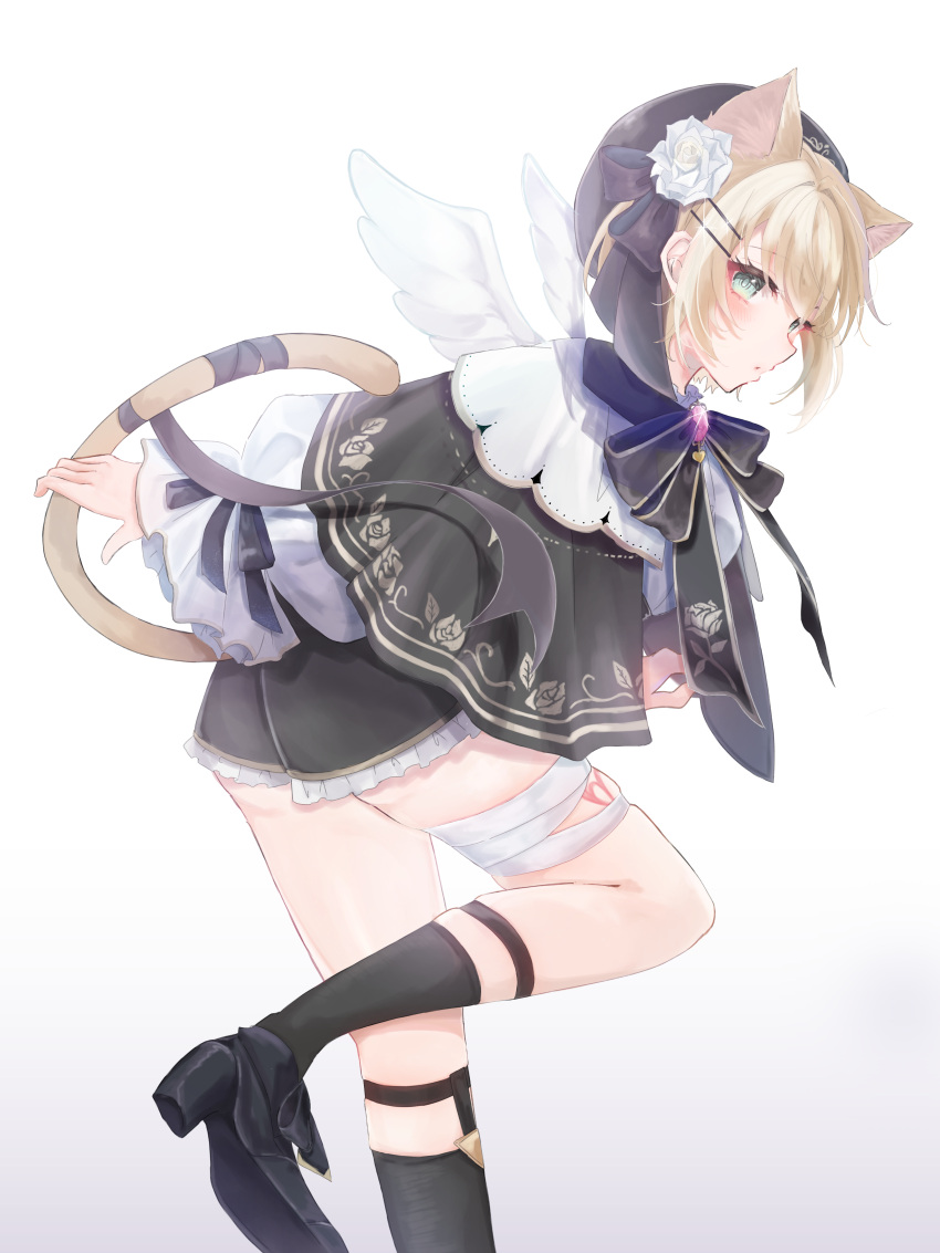 1girl, absurdres, animal_ears, bandaged_leg, bandages, beret, black_hat, black_shoes