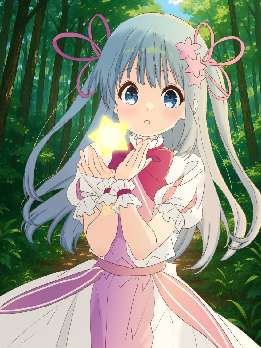 1girl, aqua_eyes, aqua_hair, clea_(kirara_fantasia), happy, kirara_fantasia, long_hair, looking_at_another, magical_girl, monkey_ears, monkey_girl, multicolored_dress, star
