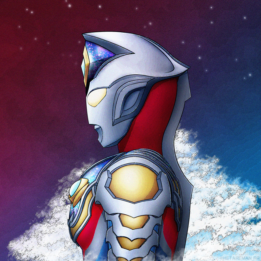 1boy, absurdres, album_cover, alien, armor, asymmetrical_armor, blue_skin, blue_sky