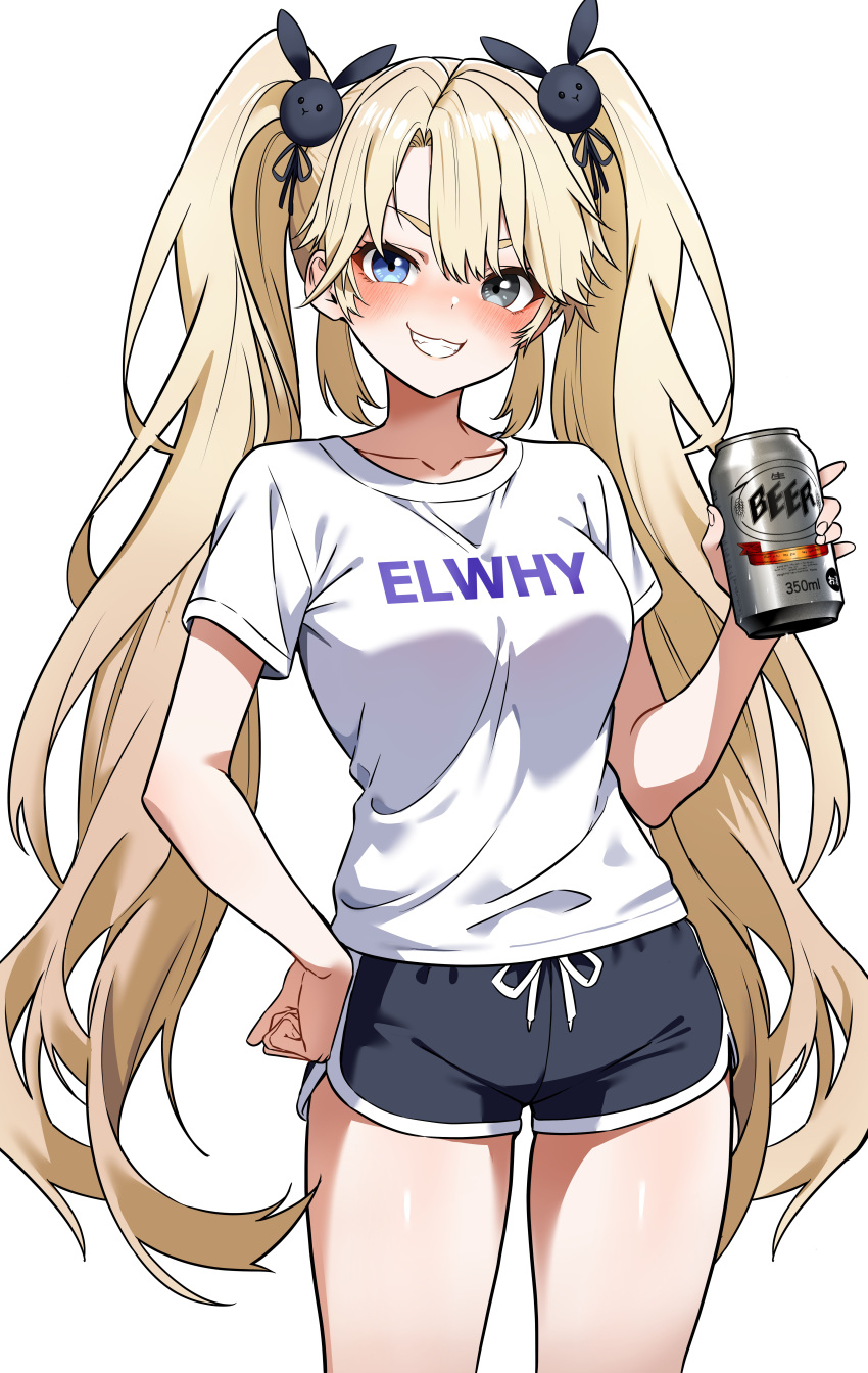 1girl, absurdres, beer_can, black_eyes, black_shorts, blonde_hair, blue_eyes, blush