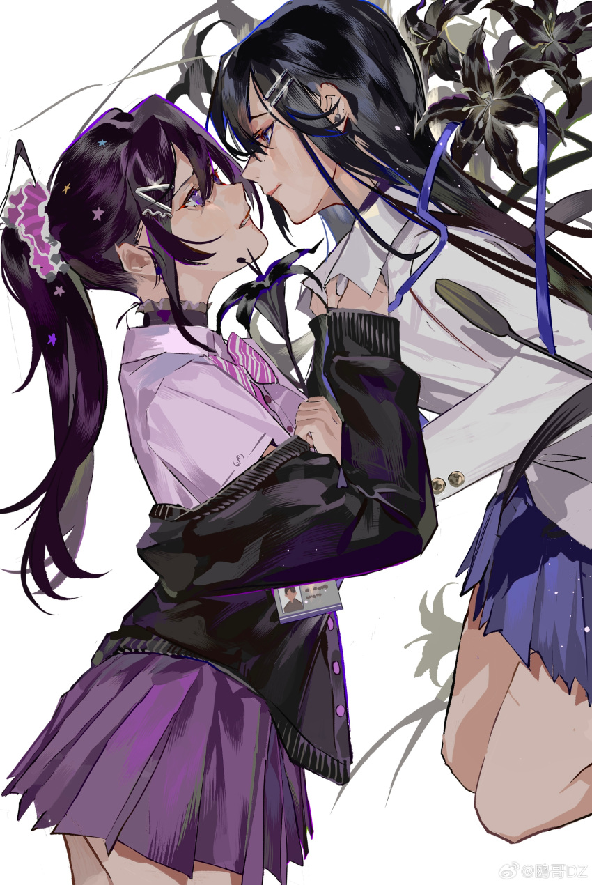 2girls, absurdres, ayame_en_(ouge_dz), black_flower, black_hair, black_jacket, black_shirt, blazer