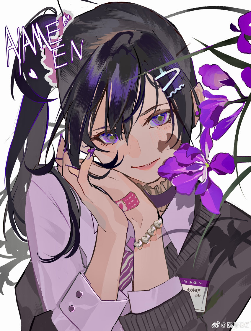 1girl, absurdres, ayame_en_(ouge_dz), bandaid, bandaid_on_hand, bead_bracelet, beads, black_hair