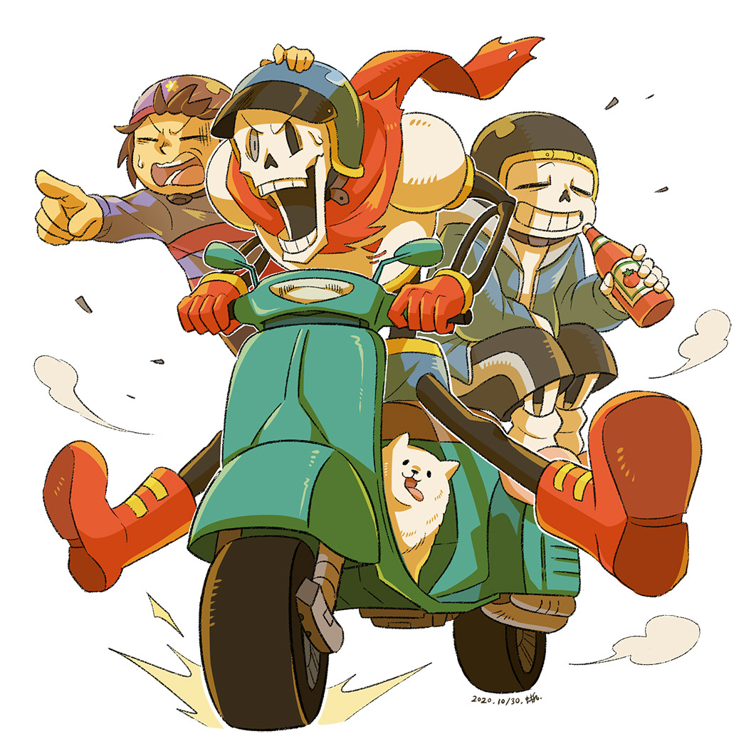 1:1, 1other, 2020, 2boys, 2d, ambiguous_gender, animal, annoying_dog, armor, black_shorts, blue_jacket, blue_shirt, blue_shorts, boots, brothers, brown_hair, cape, closed_eyes, dated, digital_media, dog, frisk_(undertale), gloves, ground_vehicle, helmet, holding, holding_bottle, hood, hood_down, hooded_jacket, human, humanoid, jacket, ketchup_bottle, male, monster, monster_boy, motor_vehicle, motorcycle, motorcycle_helmet, multiple_boys, open_clothes, open_jacket, open_mouth, papyrus_(undertale), pink_slippers, pink_stripes, pointing, pointing_forward, red_boots, red_cape, red_gloves, sans_(undertale), shirt, short_hair, shorts, siblings, sicklizardman, simple_background, skeleton, slippers, striped_clothes, striped_shirt, striped_shorts, teeth, undead, undertale, utdr_(toby_fox), vehicle, white_armor, white_background, white_dog, white_shirt, white_stripes