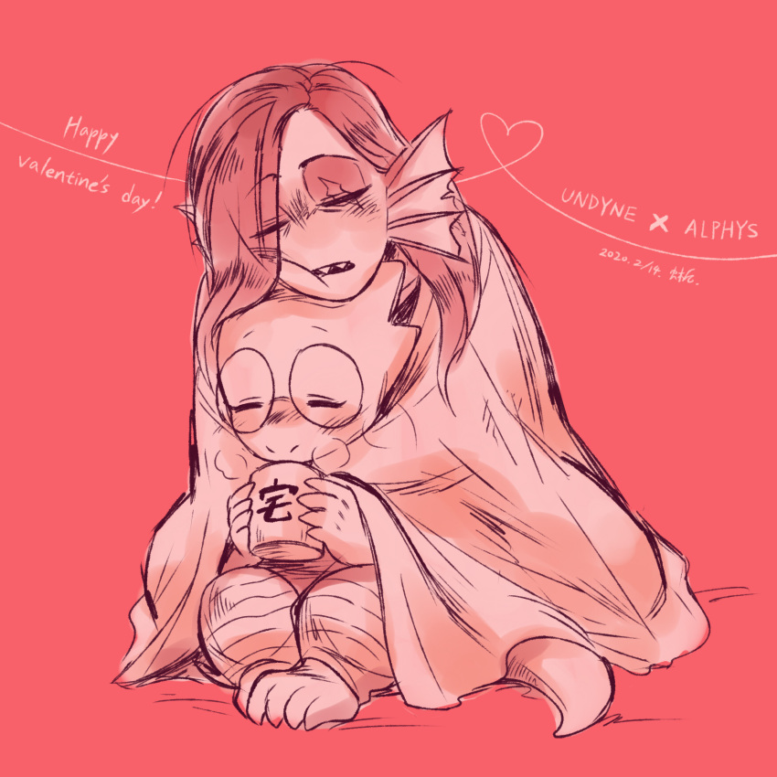 1:1, 2020, 2d, 2girls, alphys, anthro, closed_eyes, dated, digital_media, dinosaur, dinosaur_girl, duo, ear_fins, eyepatch, female, female_only, fins, fish, fish_girl, glasses, hair_down, head_fins, highres, lizard, lizard_girl, lizard_tail, long_hair, monochrome, monster, monster_girl, multiple_girls, no_eyepatch, red_background, red_hair, red_theme, reptile, reptile_girl, reptile_tail, scalie, scar, scar_across_eye, sharp_teeth, sicklizardman, simple_background, slit_pupils, undertale, undyne, utdr_(toby_fox), valentine, yellow_skin, yellow_teeth