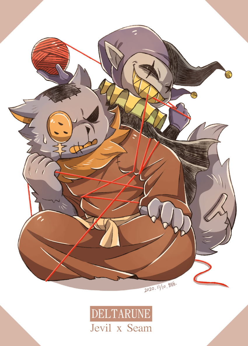 2020, 2boys, 2d, animal_ears, anthro, black_sclera, blue_skin, border, brown_border, cat, cat_boy, cat_ears, cat_tail, character_name, colored_sclera, copyright_name, dated, deltarune, digital_media, duo, furry, furry_male, hat, highres, humanoid, imp, jevil, male, male_focus, male_only, multiple_boys, pointy_ears, purple_fur, seam_(deltarune), sharp_teeth, sicklizardman, simple_background, string, tail, teeth, two-tone_background, utdr_(toby_fox), white_background, yarn_ball, yellow_teeth