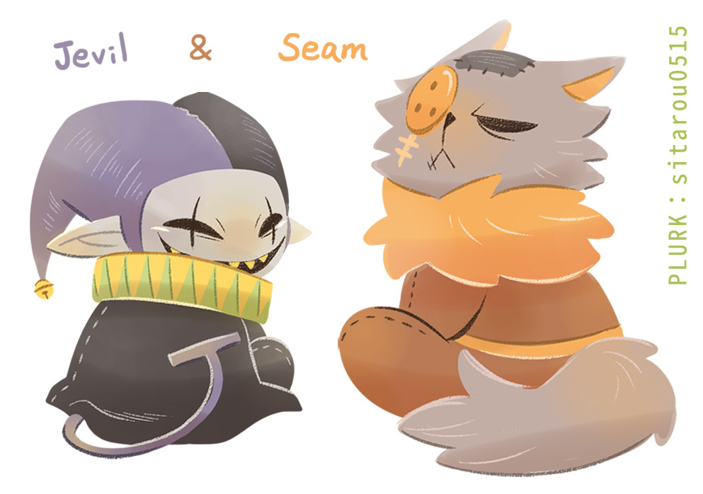 2020, 2boys, 2d, animal_ears, anthro, artist_name, back, black_sclera, blue_skin, cat, cat_boy, cat_ears, cat_tail, character_name, chibi, chibi_only, colored_sclera, deltarune, digital_media, duo, facing_back, from_behind, furry, furry_male, hat, humanoid, imp, jevil, male, male_focus, male_only, multiple_boys, plurk_username, pointy_ears, purple_fur, seam_(deltarune), sicklizardman, simple_background, sitting, tail, utdr_(toby_fox), white_background