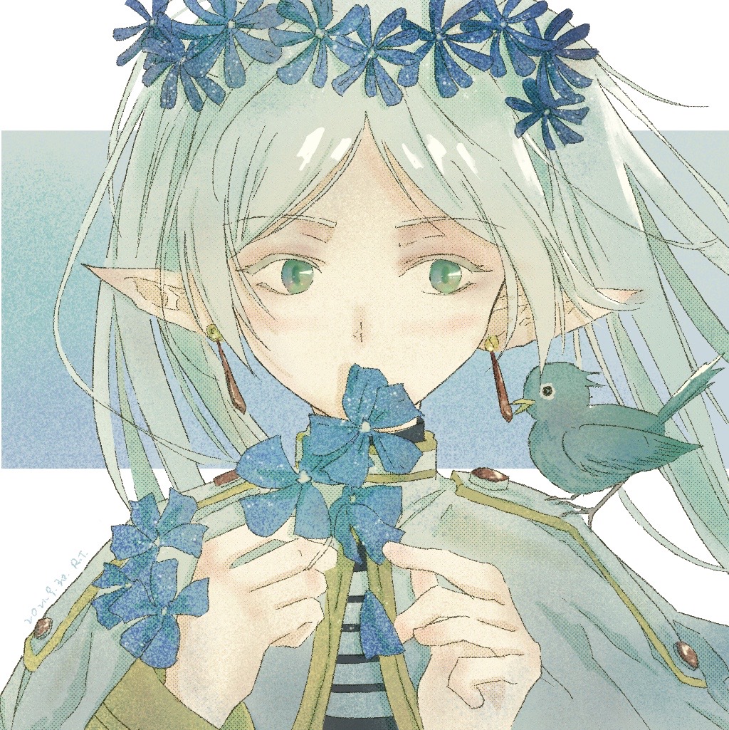 1girl, bird, blue_flower, elf, flower, frieren, gensou_getsumen_rt, hair_flower