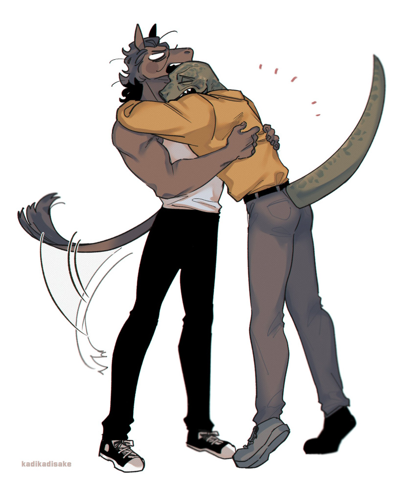 2boys, artist_name, beastars, belt, black_pants, blank_eyes, blush, closed_eyes, furry, furry_male, gosha, happy, highres, hood, hoodie, horse_boy, hug, ka_ji, male_focus, mullet, multiple_boys, open_mouth, pants, reptile_boy, sharp_teeth, shoes, simple_background, sneakers, tail, tail_wagging, tank_top, teeth, tiptoes, white_background, white_tank_top, yahya_(beastars)