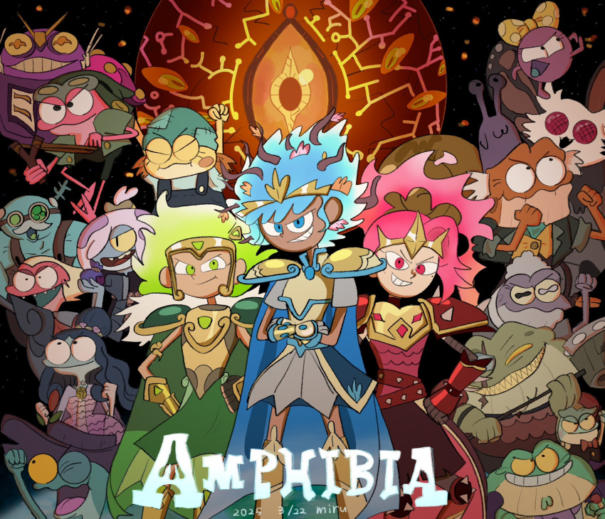6+girls, amphibia, anne_boonchuy, blue_eyes, blue_hair, character_request, closed_eyes, colored_skin