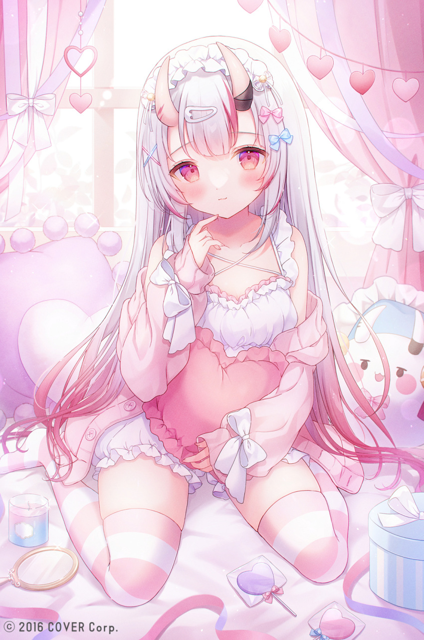 1girl, 2016, bandaged_horn, bare_shoulders, bell, blue_eyes, blush, bow