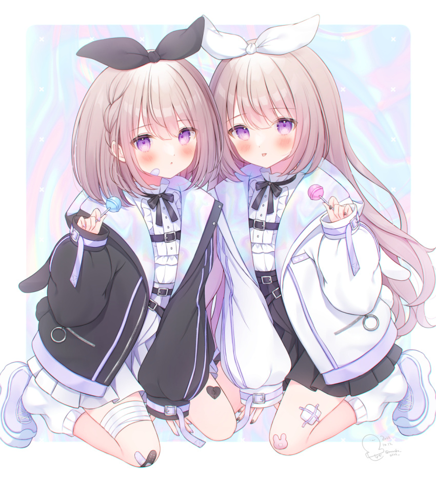 2girls, :p, bandaged_leg, bandages, bandaid, bandaid_on_cheek, bandaid_on_face, belt