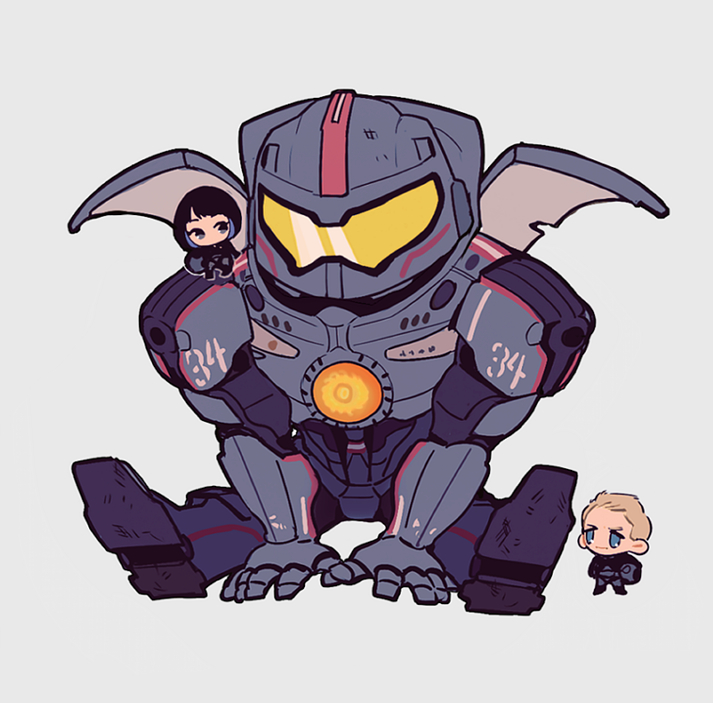 1boy, 1girl, black_hair, blonde_hair, blue_eyes, chibi, chibi_only, gipsy_danger