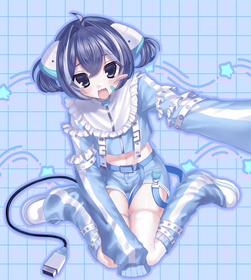 1boy, 2000s_(style), absurdres, android, animal_ears, cable, cable_tail, cat_ears, chobits, fang, frutiger_aero, highres, humanoid_robot, indie_virtual_youtuber, mechanical_tail, multicolored_hair, non-web_source, nyaonix, otoko_no_ko, persocom_(chobits), pome_8, robot, robot_ears, solo, tail, tenshi_kaiwai, twintails, two-tone_hair, usb_cable, utau, virtual_youtuber