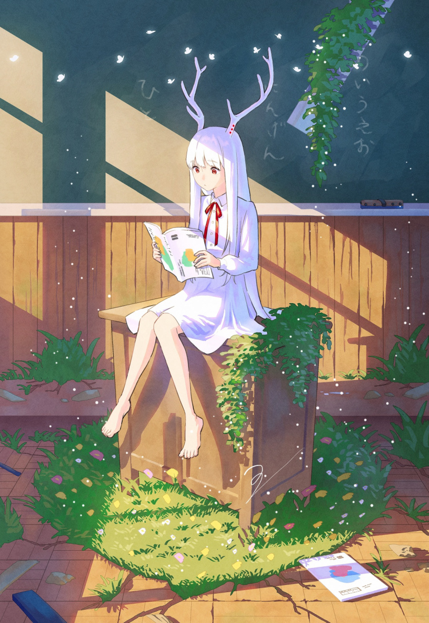 1girl, antlers, barefoot, book, bug, butterfly, chalkboard, deer_antlers
