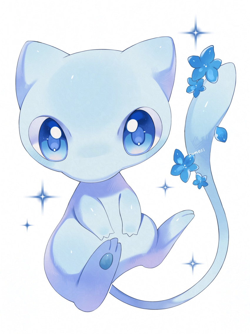 1other, artist_name, blue_eyes, commentary, full_body, highres, iwasi_29, looking_at_viewer, mew, mew_(pokemon), no_humans, pokemon, pokemon_(creature), shiny_pokemon, simple_background, solo, symbol-only_commentary, white_background