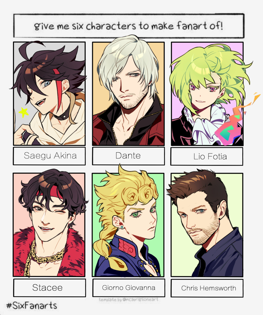 6+boys, ahoge, ascot, black_hair, blonde_hair, braid, character_name, character_request, choker, chris_hemsworth, dante_(devil_may_cry), devil_may_cry_(series), earrings, eyelashes, facial_hair, fire, followers_favorite_challenge, giorno_giovanna, green_eyes, green_hair, grey_hair, highres, jacket, jewelry, jojo_no_kimyou_na_bouken, lio_fotia, male_focus, multicolored_hair, multiple_boys, multiple_drawing_challenge, mustache, nijisanji, parted_lips, promare, qin_(7833198), real_life, red_jacket, saegusa_akina, short_hair, sparse_stubble, streaked_hair, vento_aureo, violet_eyes, virtual_youtuber, white_ascot