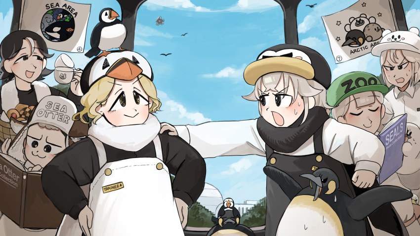 1boy, 5girls, :3, :d, :o, absurdres, animal_on_head, atlantic_puffin