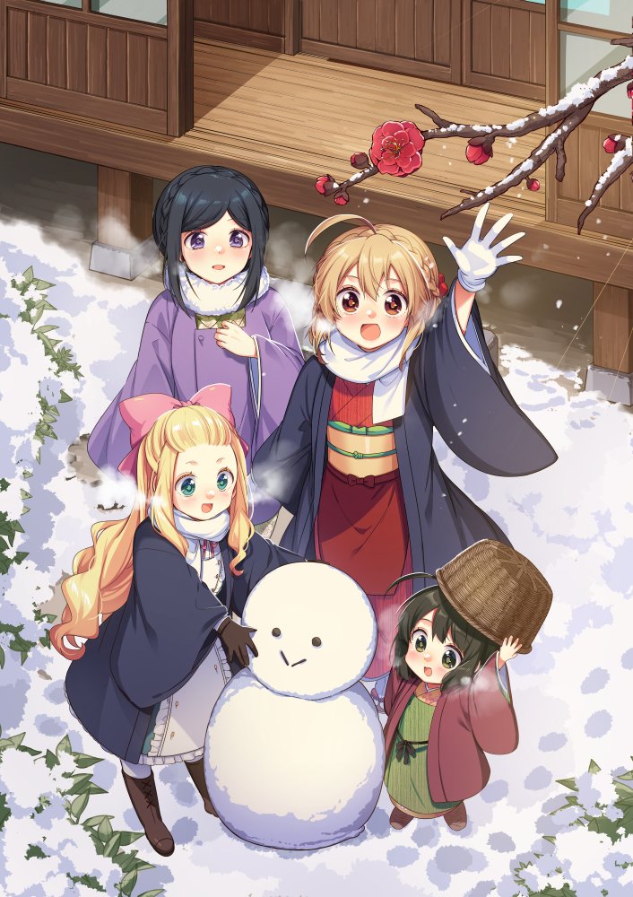 4girls, :d, arm_up, basket, black_coat, black_hair, blonde_hair, blunt_bangs